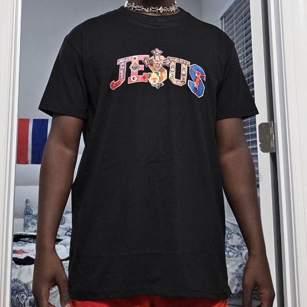 Jesus Patchwork Graphic Black T-Shirt Y2K Streetwear Tee